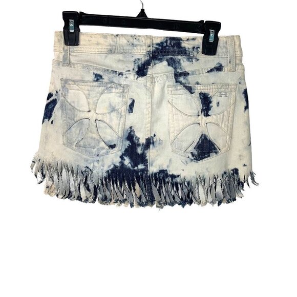 Habitual Tie Dye Mini Skirt Womens Size 25 Denim Fringe Cotton Blue Made In USA - Picture 2 of 11